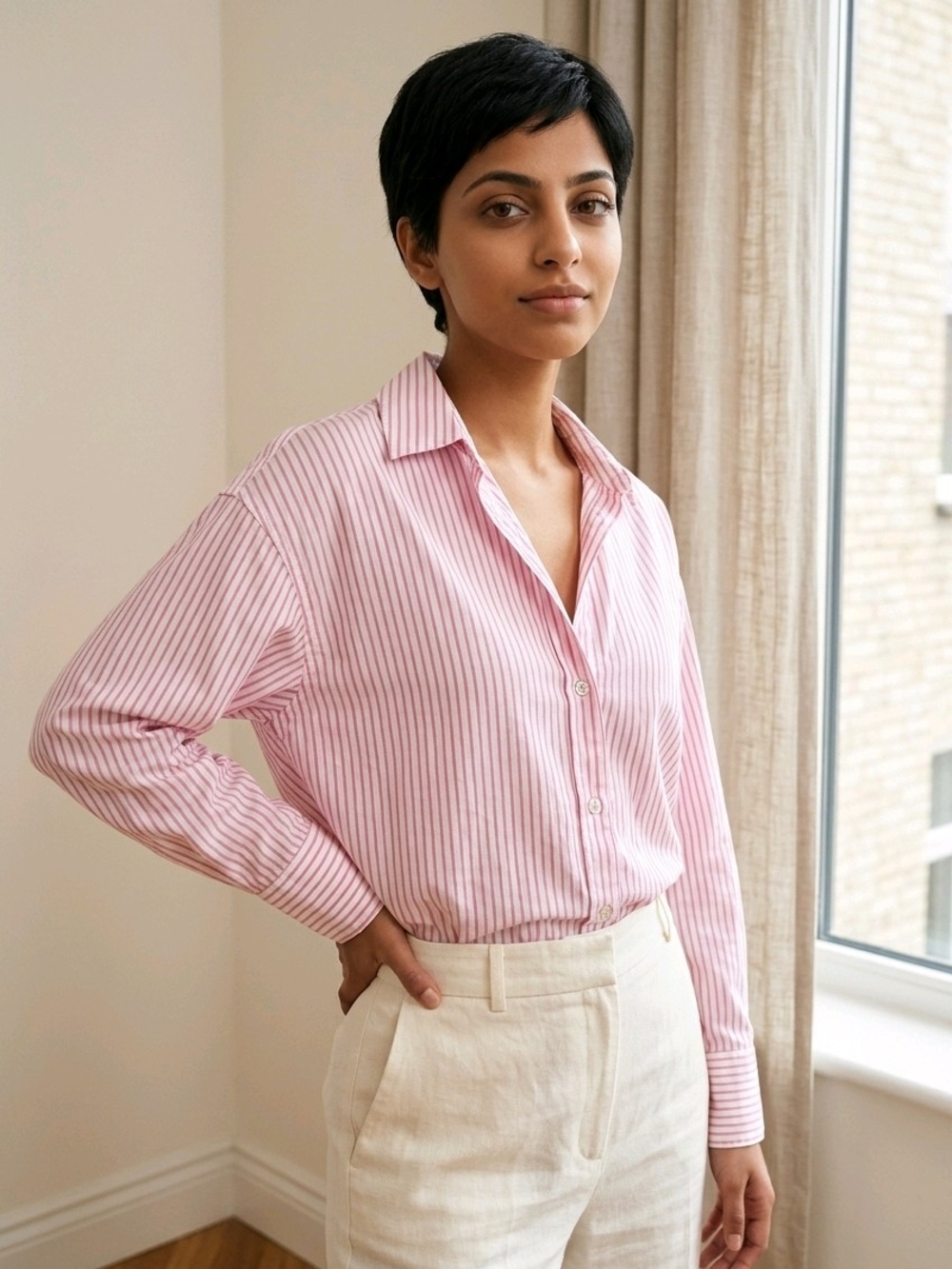 Zara Pink Striped Relaxed Button-Down Shirt Sz Small